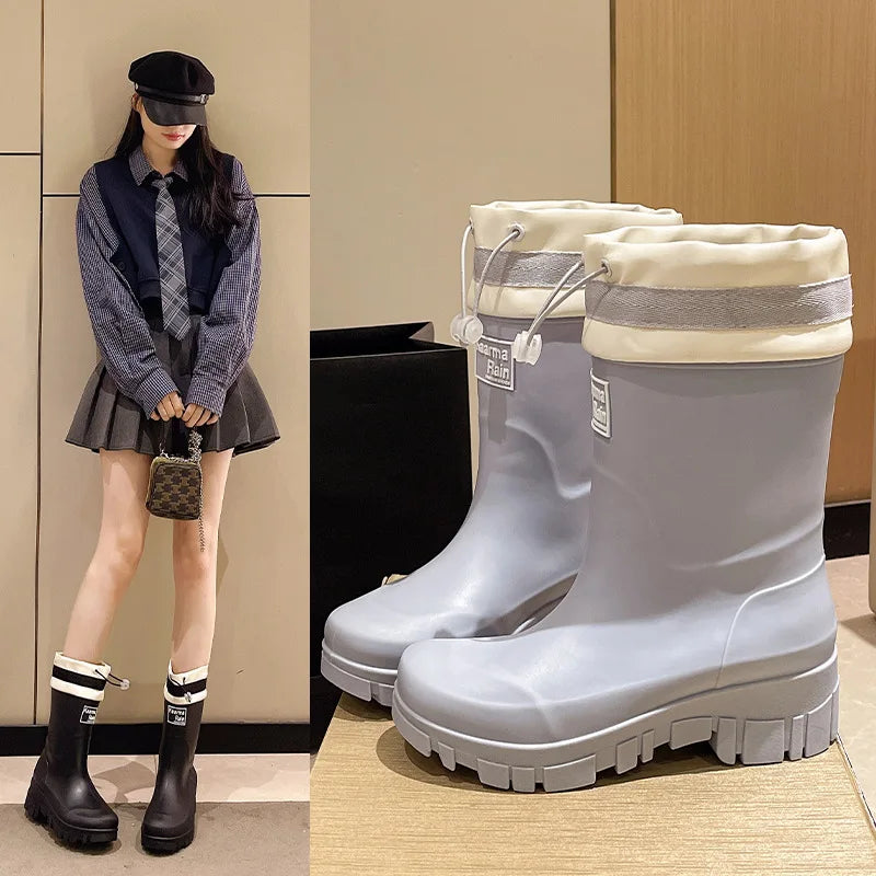 Fashionable Thick Heel Mid-Calf Rain Boots Women's Outdoor Waterproof Non-Slip Wear-Resistant Kitchen Car Wash Wear