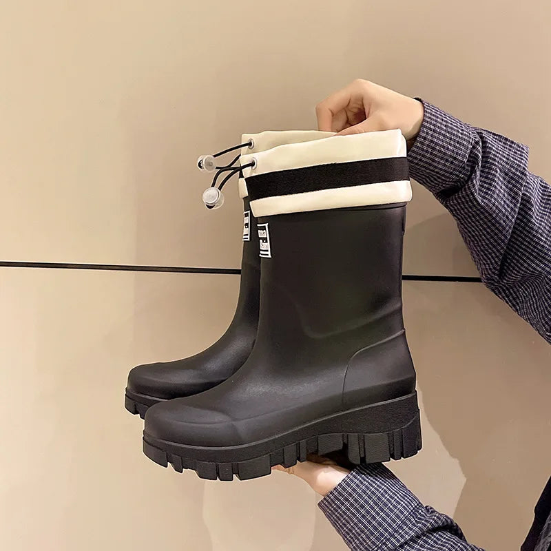 Fashionable Thick Heel Mid-Calf Rain Boots Women's Outdoor Waterproof Non-Slip Wear-Resistant Kitchen Car Wash Wear