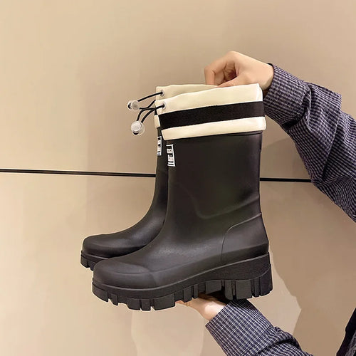 Fashionable Thick Heel Mid-Calf Rain Boots Women's Outdoor Waterproof Non-Slip Wear-Resistant Kitchen Car Wash Wear
