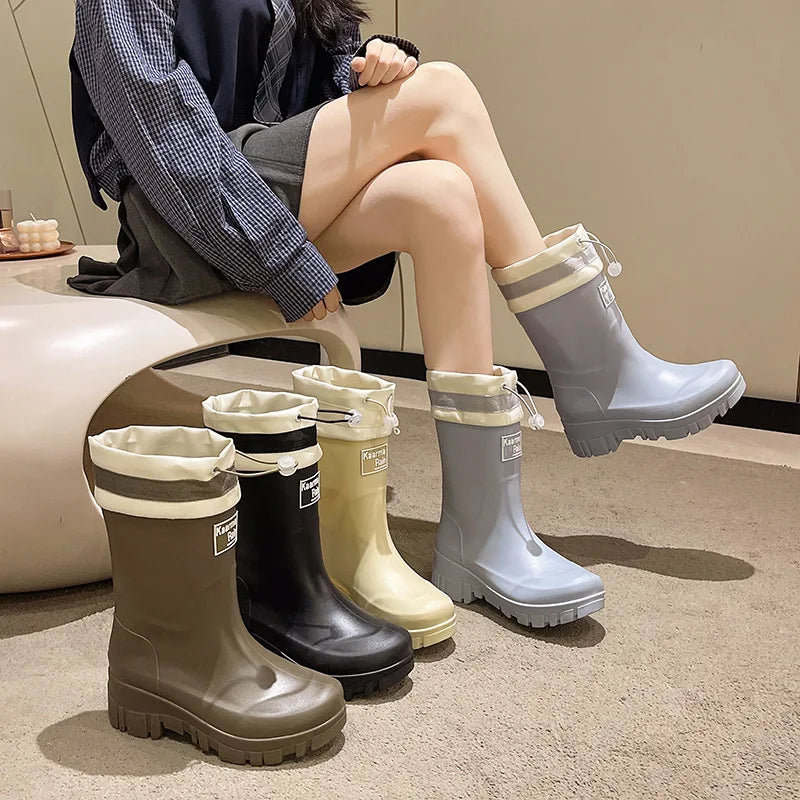 Fashionable Thick Heel Mid-Calf Rain Boots Women's Outdoor Waterproof Non-Slip Wear-Resistant Kitchen Car Wash Wear